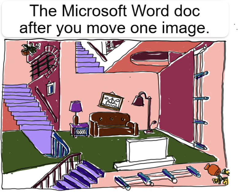 illustration where everything is upside-down and chaos, representing ms word formatting chaos